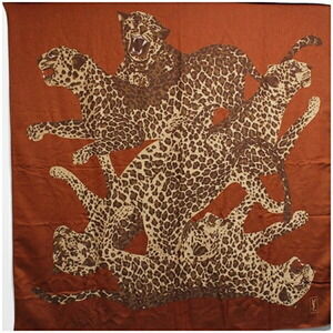 Yves Saint Laurent Wool Silk Large Scarf Muffler Stole Brown Animal Print YVE...